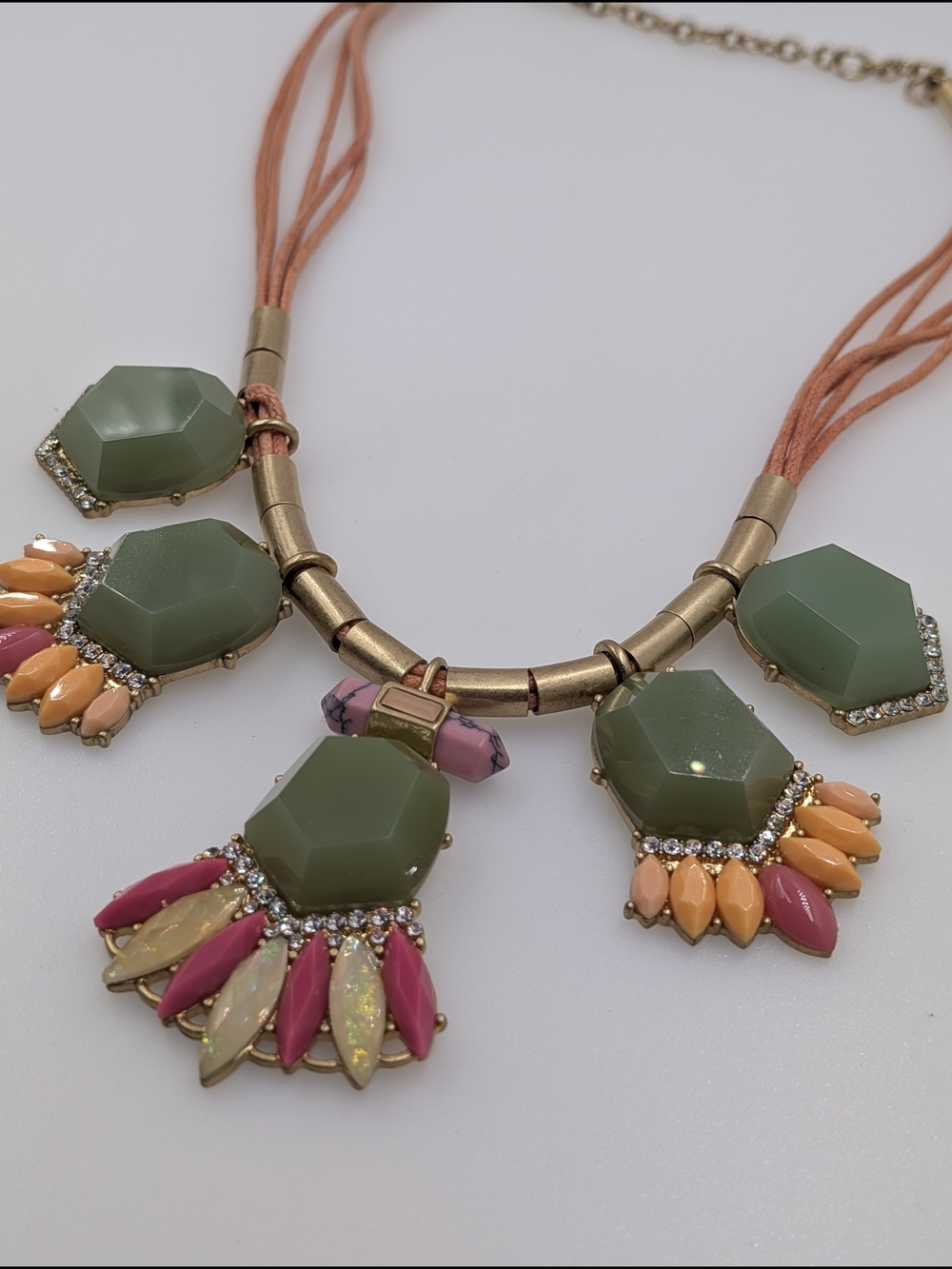 J.Crew Mixed Media Statement Collar Necklace Olive Green Peach Pink 0218